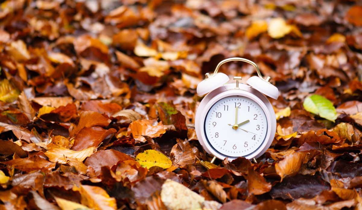 Alarm,Clock,With,Autumn,Foliage,,End,Of,Daylight,Saving,Time