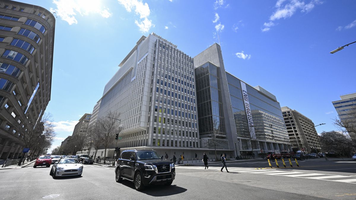 Poster hung reading "End Racism" in the World Bank building