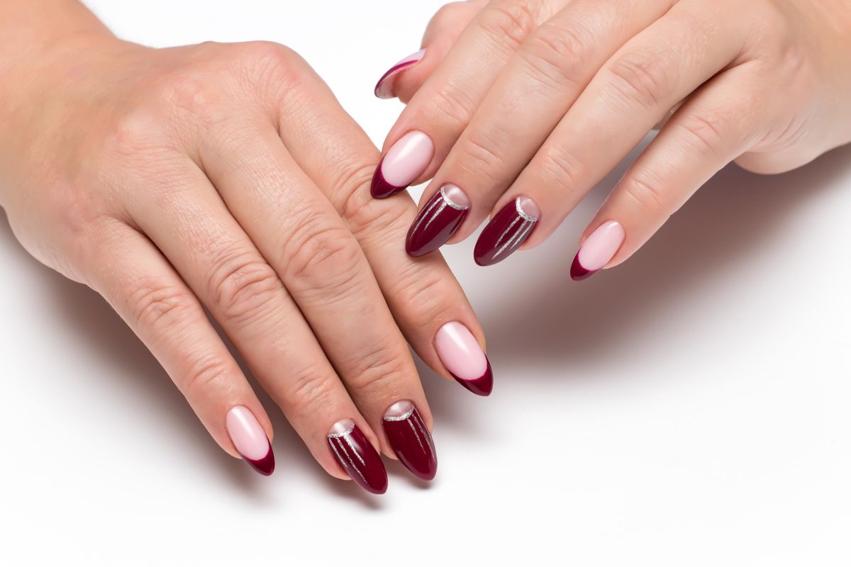 Burgundy,French,Manicure,With,Silver,Drawings,,Stripes,On,Long,Sharp