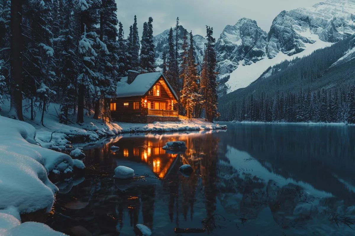 Cozy,Cabin,By,The,Bank,Of,A,Snowy,River.
