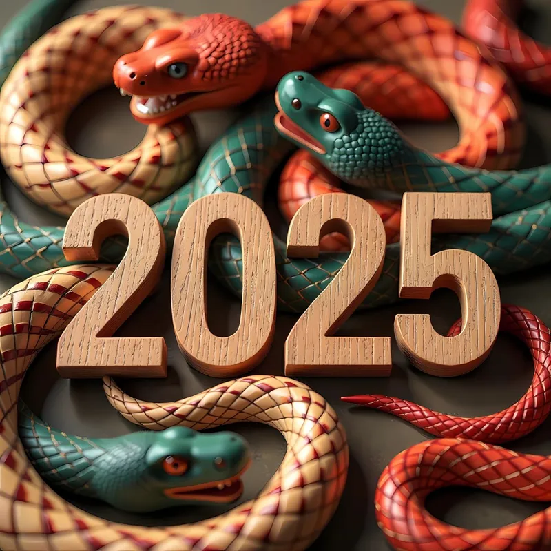 Kígyó éve 2025,Figures,Made,Of,Wood,On,A,Background,Of,Snakes