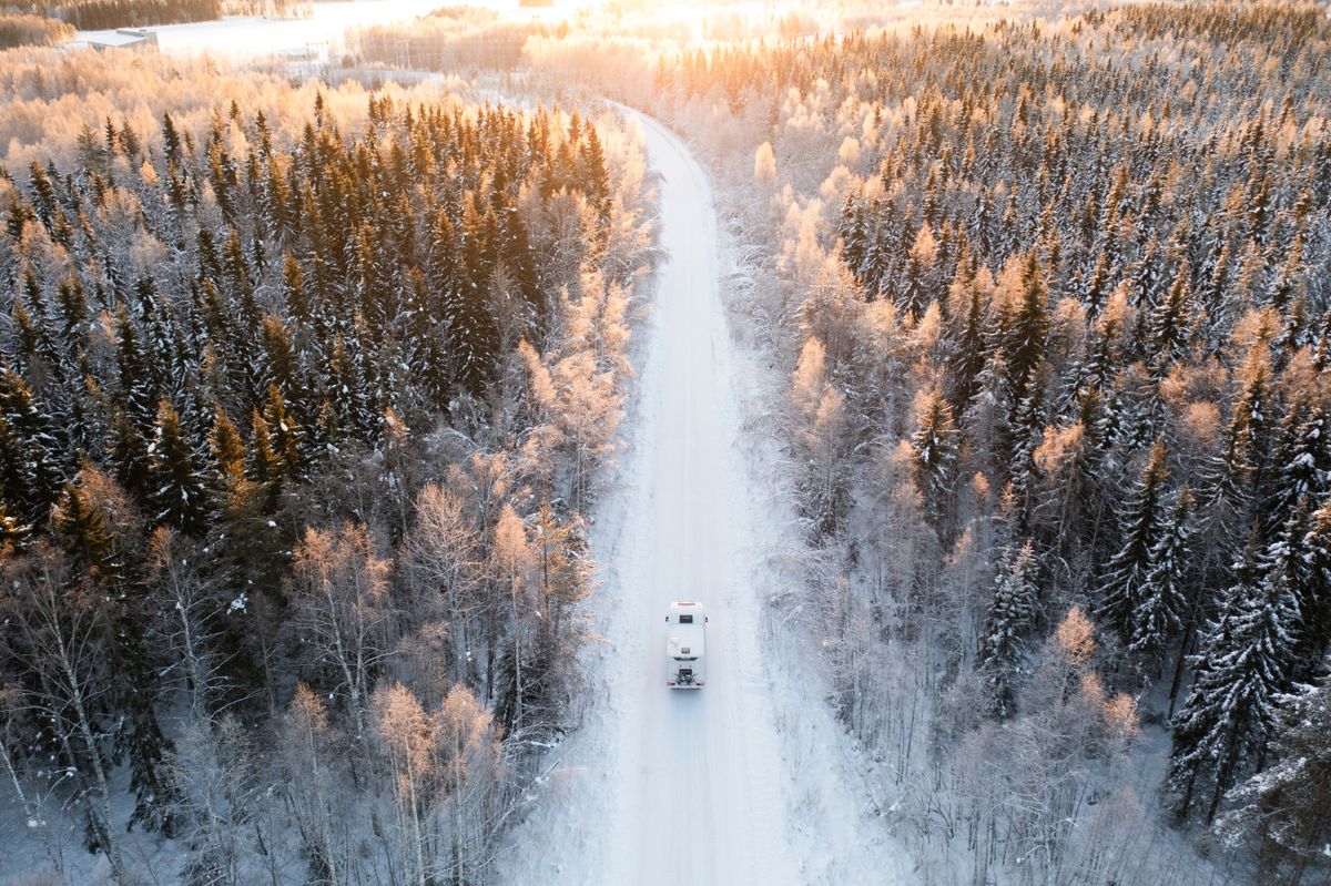 A,Winter,Road,Cutting,Through,A,Snow-covered,Forest,,Captured,From