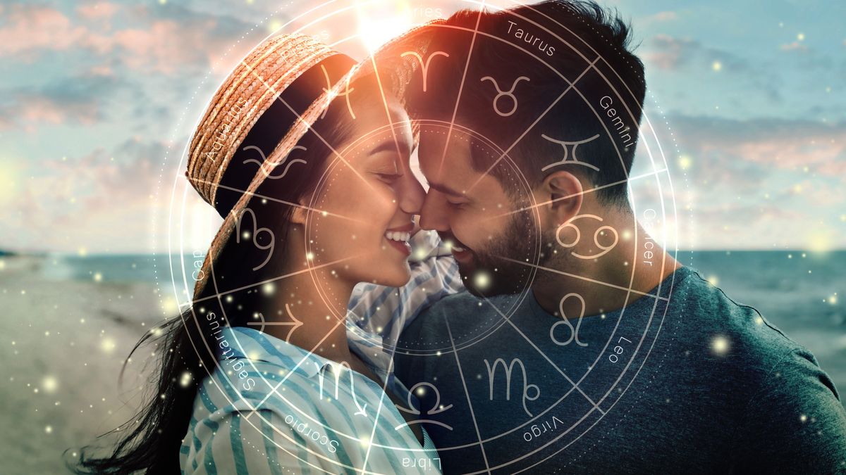 Nagy szerelmi horoszkóp Horoscope,Compatibility.,Loving,Couple,On,Beach,And,Zodiac,Wheel