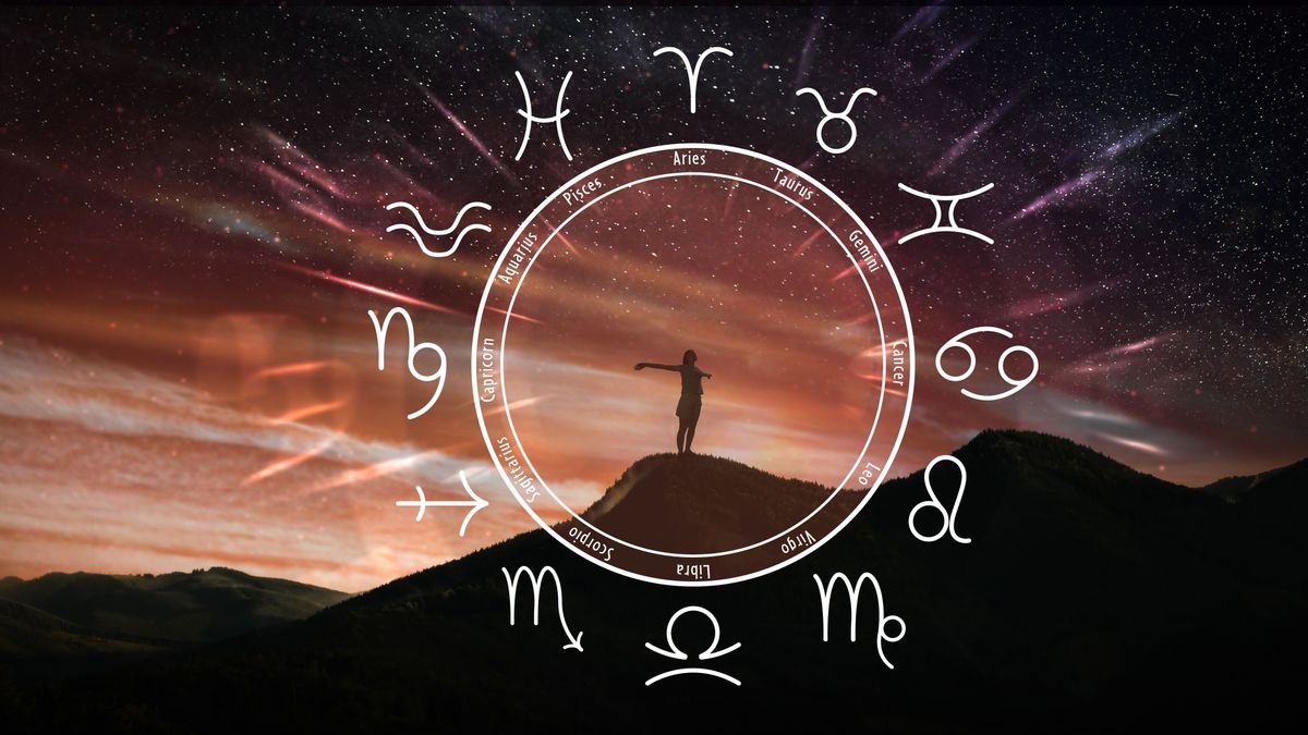 Zodiac,Wheel,And,Photo,Of,Woman,In,Mountains,Under,Starry