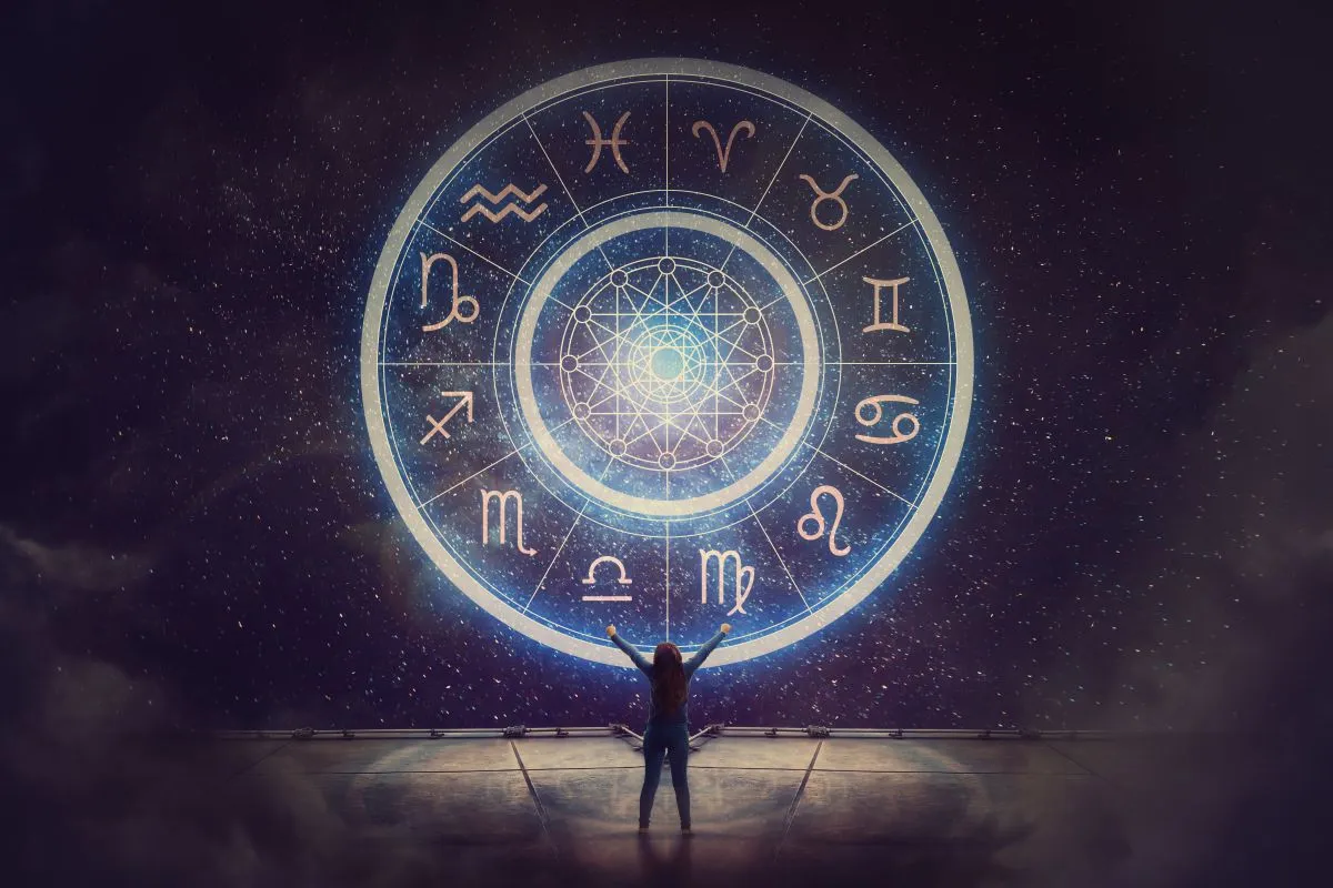 3 csillagjegy Woman,Raising,Hands,Looking,At,The,Night,Sky.,Astrological,Wheel