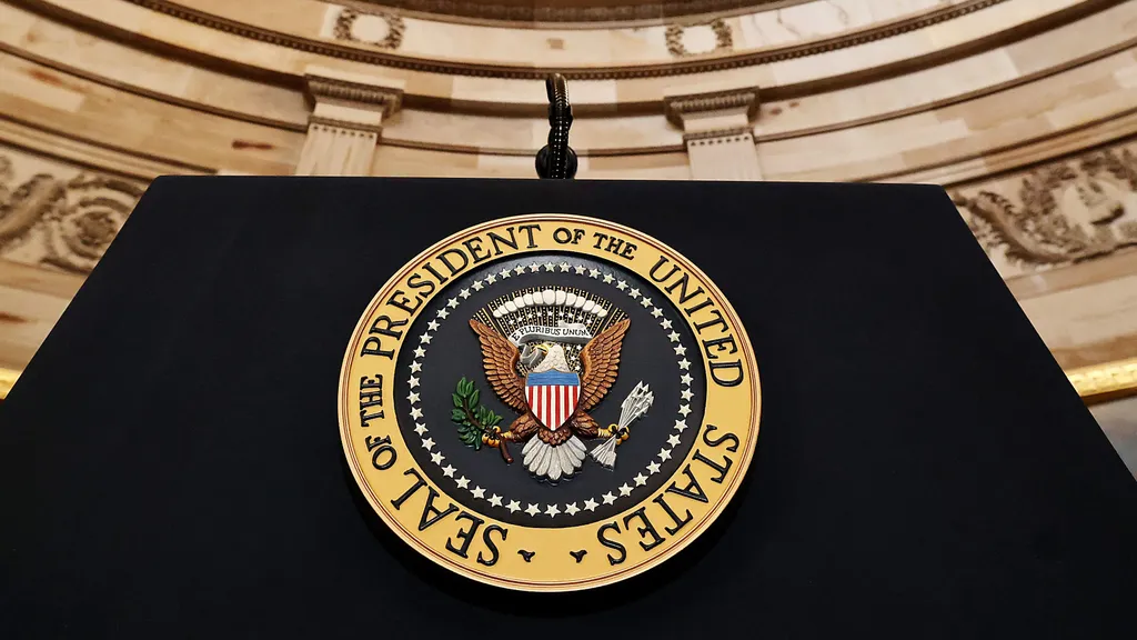 A view of the podium ahead of the inauguration ceremony before Donald Trump is sworn in as the 47th US President in the US Capitol Rotunda in Washington, DC, on January 20, 2025. (Photo by Chip Somodevilla / POOL / AFP)
