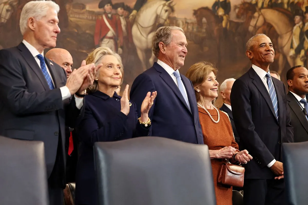 (L-R) Former U.S. President Bill Clinton, former U.S. Secretary of State Hillary Clinton, former U.S. President George W. Bush, former first lady Laura Bush and former U.S. President Barack Obama arrive to the inauguration of U.S. President-elect Donald Trump in the Rotunda of the U.S. Capitol on January 20, 2025 in Washington, DC. Donald Trump takes office for his second term as the 47th president of the United States. (Photo by Chip Somodevilla / POOL / AFP)