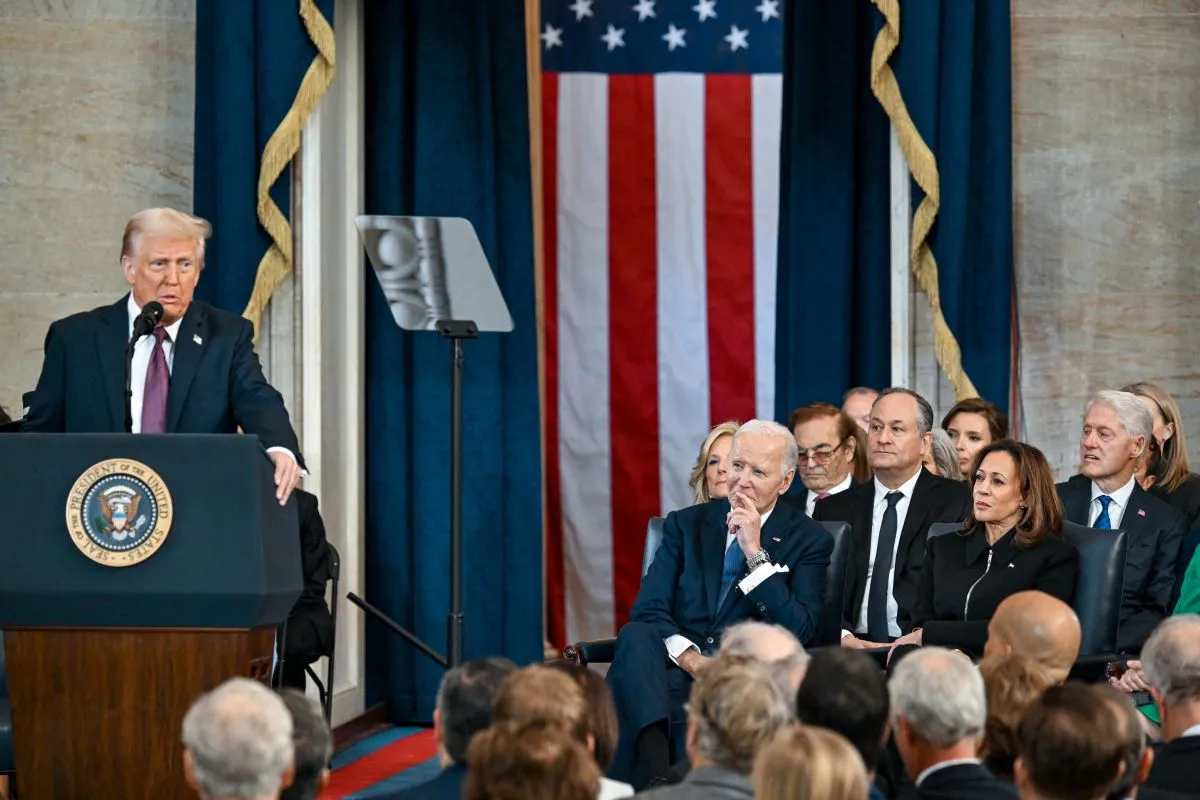 President-elect Donald J. Trump speaks after being sworn in during the ceremony for the inauguration of Donald Trump as the 47th president of the United States takes place inside the Capitol Rotunda of the U.S. Capitol building in Washington, D.C., Monday, January 20, 2025. It is the 60th U.S. presidential inauguration and the second non-consecutive inauguration of Trump as U.S. president. (Photo by Kenny Holston/The New York Times / AFP)