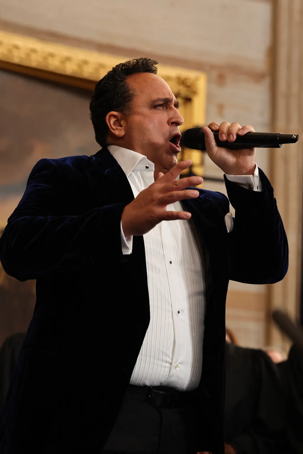 Opera singer Christopher Macchio performs during the inauguration of US President-elect Donald Trump in the Rotunda of the US Capitol on January 20, 2025 in Washington, DC. Donald Trump takes office for his second term as the 47th president of the United States. (Photo by Chip Somodevilla / POOL / AFP)