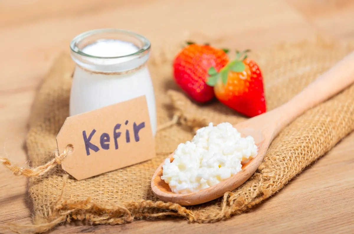 Kefir,Grains,In,Wooden,Spoon,In,Front,Of,Cups,Of