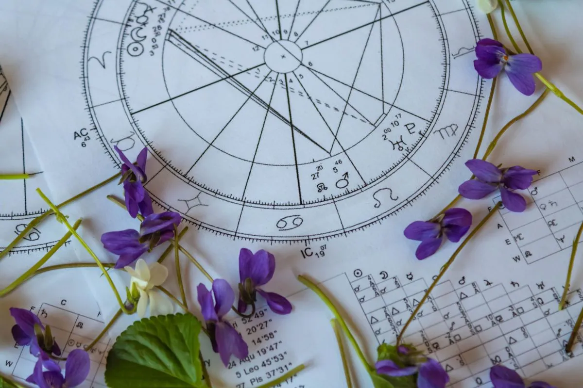 Asztrológiai újév /Astrology,Birth,Charts,With,Scattered,Violets,,Spring,Concept