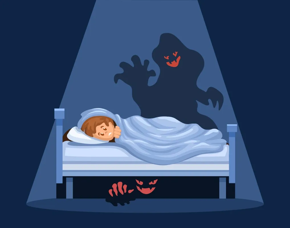 Child,Afraid,Monster,Under,Bed,While,Sleep,Scene,Illustration,Cartoon