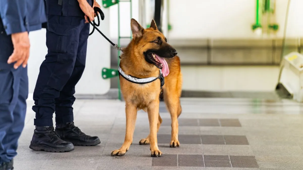 Police,Dog,Standing,In,The,Train,Station, állatvédő, kutya, németjuhász, segítőkutya