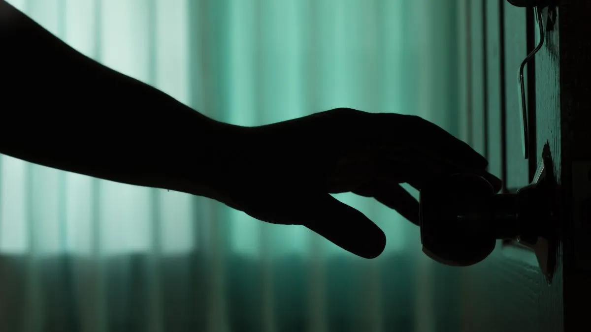 Shadow,Man,Hand,Open,The,Door.,At,Night,Home.