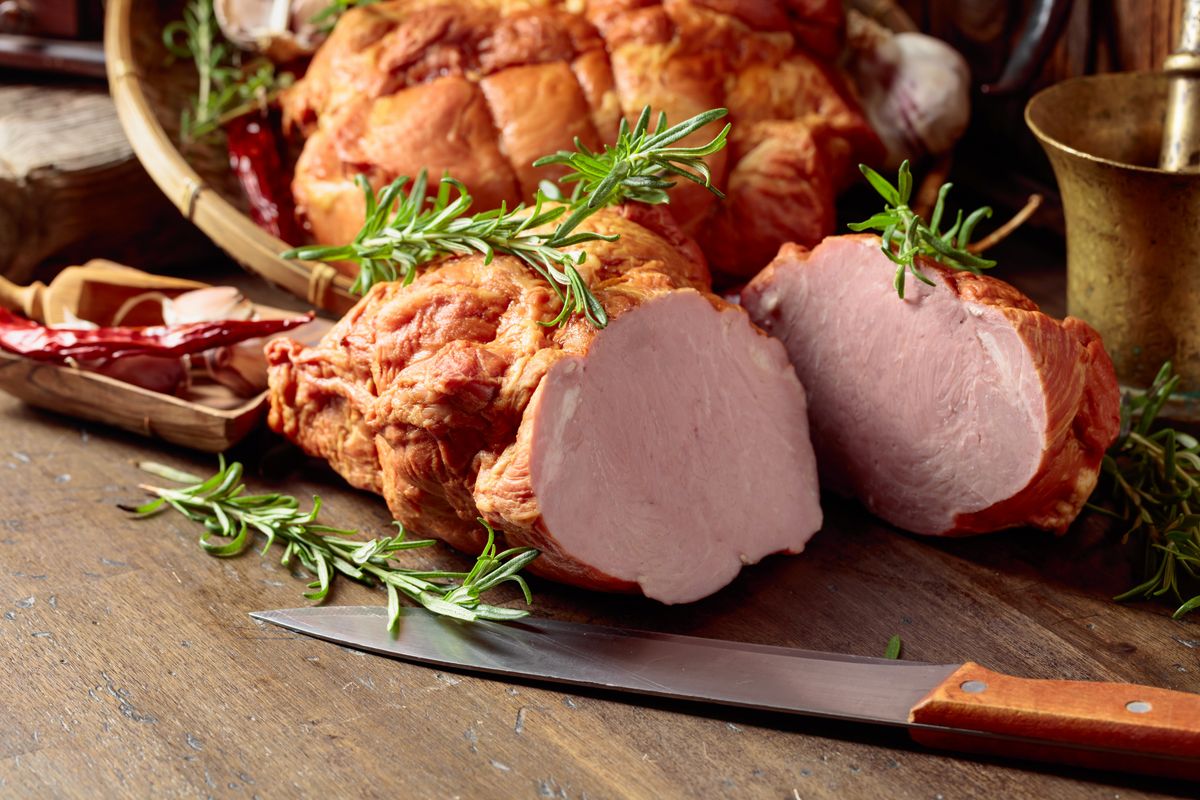 Smoked,Ham,With,Herbs,,Spices,,And,Kitchen,Utensils,On,An