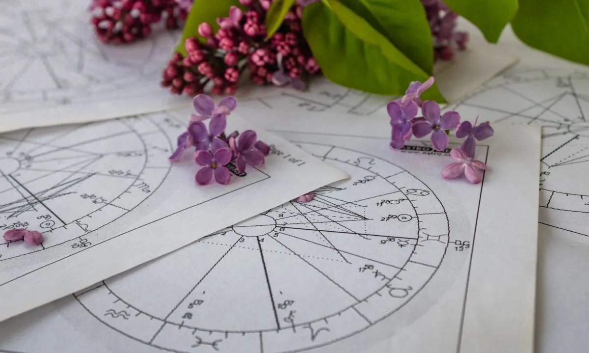 Printed,Astrology,Charts,With,Tiny,Lilac,Flowers,And,A,Part