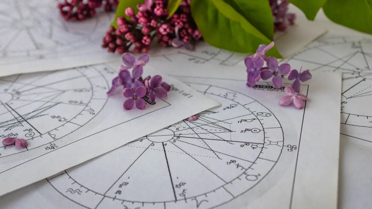 Printed,Astrology,Charts,With,Tiny,Lilac,Flowers,And,A,Part