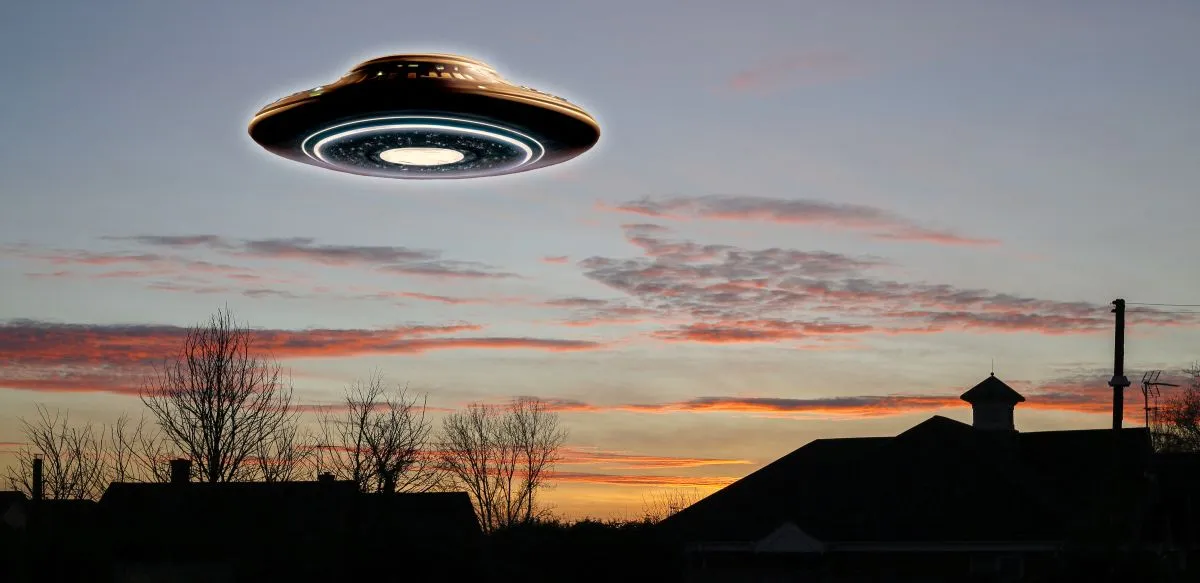 UFO in residential area, illustration