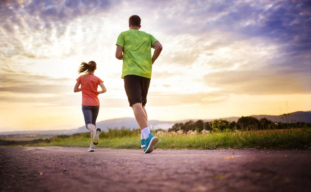 Cross-country,Trail,Running,People,At,Sunset.,Runner,Couple,Exercising,Outside