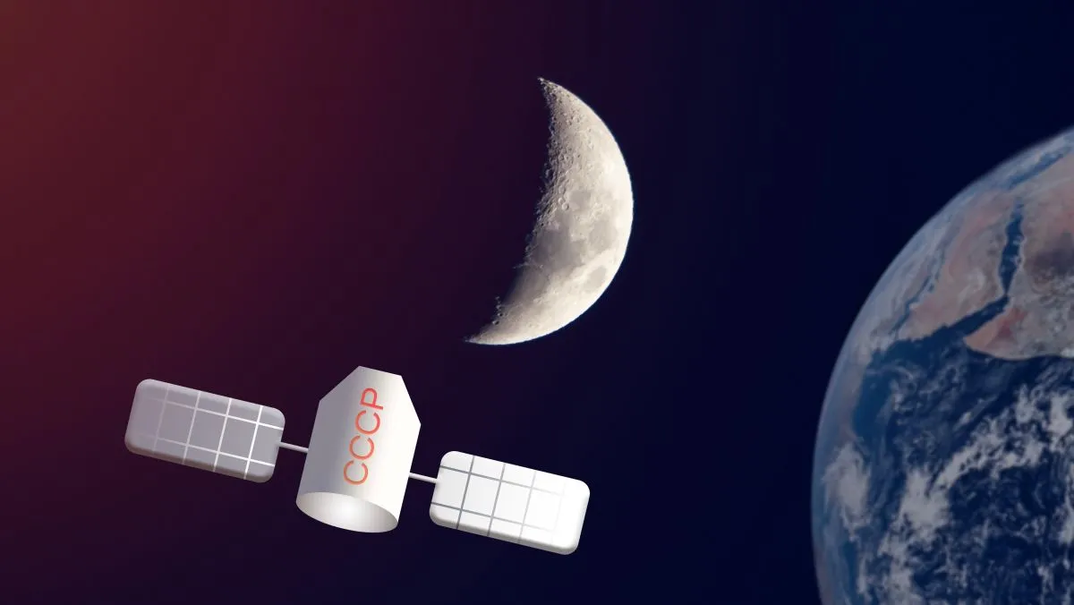 Space,Satellite,Of,Ussr,Against,Background,Of,Moon,,Russian,Lunar