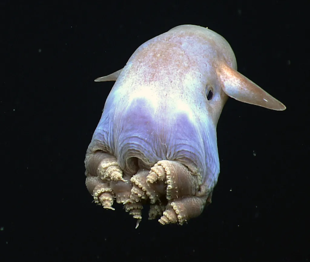 One of the highlights of the dive, a dumbo octopus uses his ear-like fins to slowly swim away – this coiled leg body posture has never been observed before in this species.