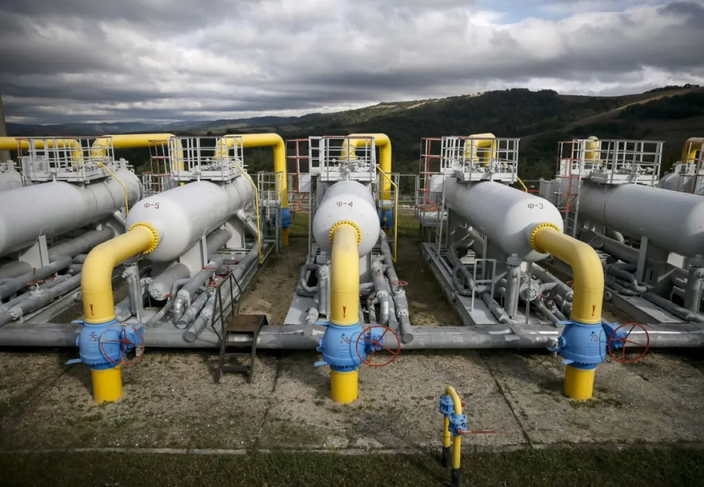 Gas pipes are pictured at a high-mountain gas compressor station near the village of Volovets