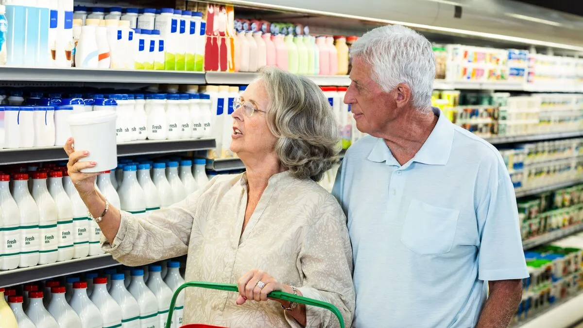 Senior,Couple,Buying,Milk,At,The,Supermarket