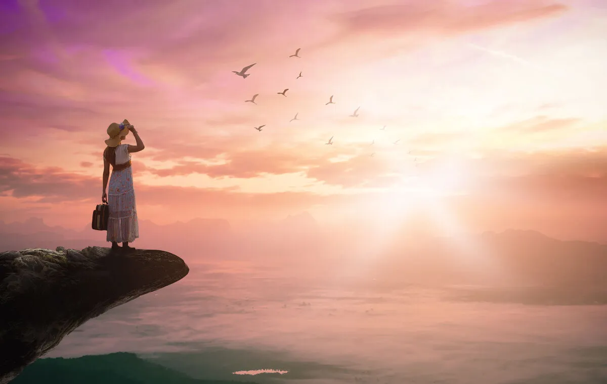 Spiritual,Journey,Concept:,Silhouette,Traveler,Woman,With,Birds,Flying,On