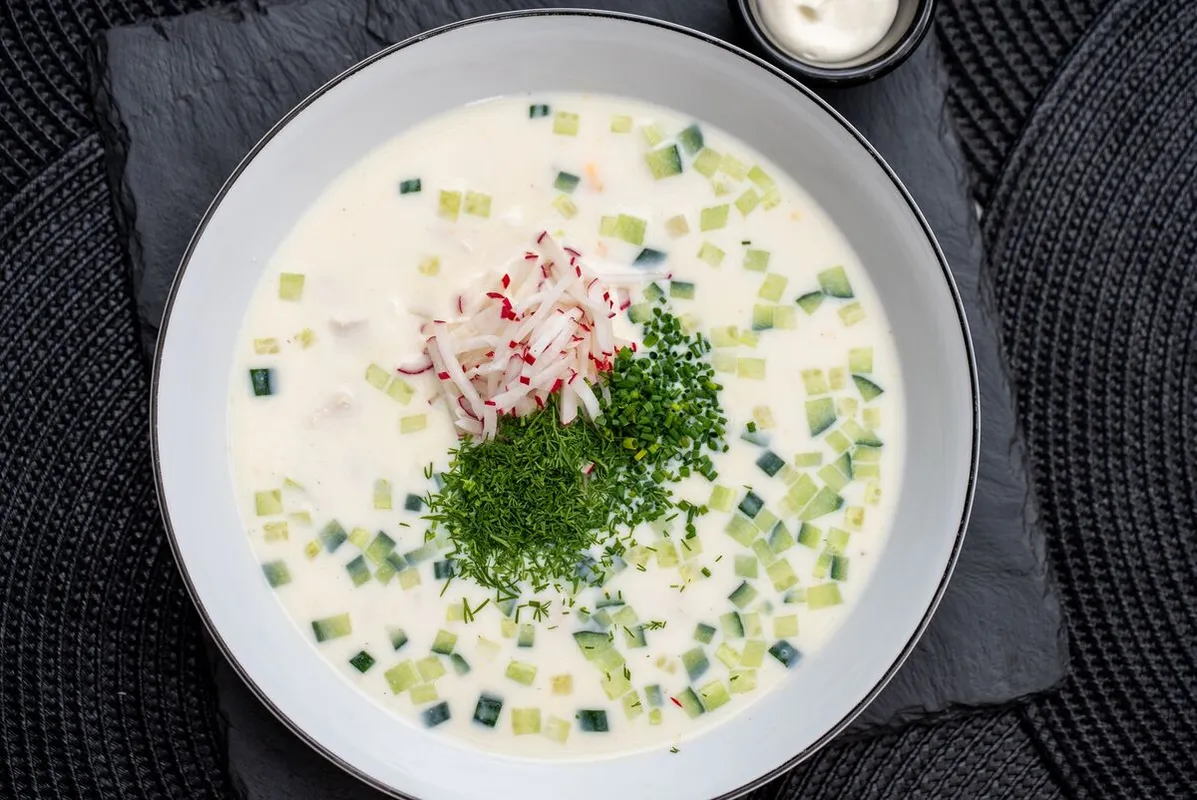 Cold,Summer,Soup,Okroshka,Is,Served,In,A,White,Bowl,