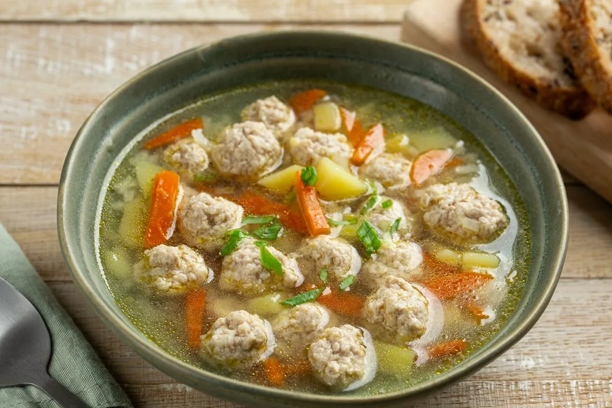 Meatball,Soup,With,Vegetables,In,Green,Bowl,,Wooden,Background