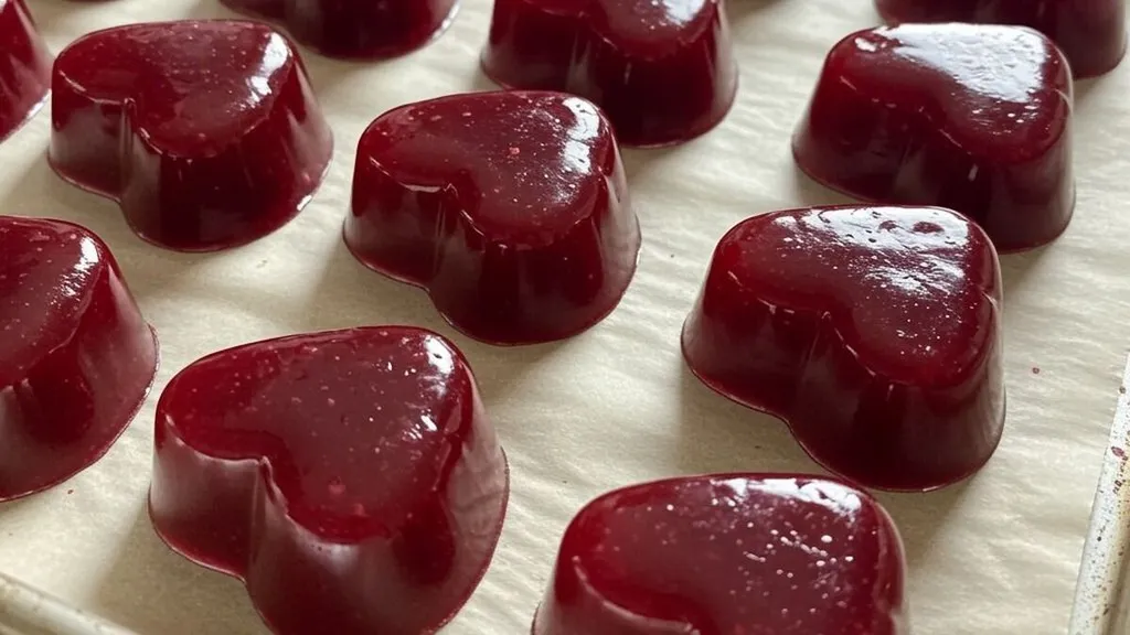 Házi gumicukor Homemade,Heart-shaped,Burgundy,Shiney,Gummies,On,Baking,Tray