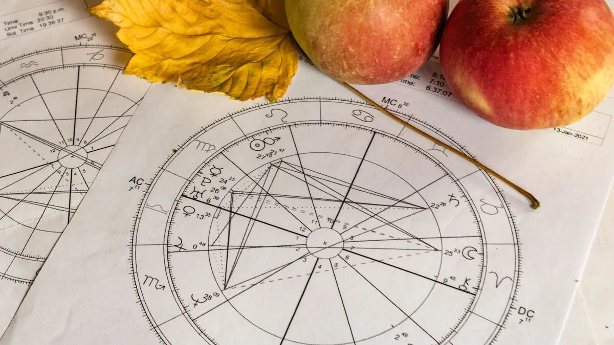 Printed,Natal,Chart,With,A,Yellow,Autumn,Leave,And,Red