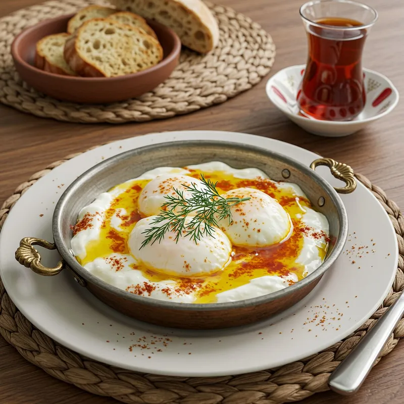 Török tojás Cilbir,Or,Turkish,Eggs,,Breakfast,Recipes,No,Ai,Images