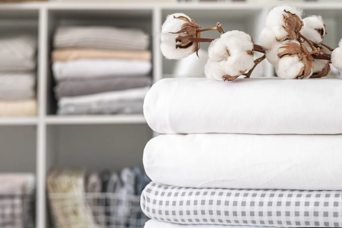 Hajtogasd össze Cotton,Branch,With,Pile,Of,Neatly,Folded,Bed,Sheets,,Blankets