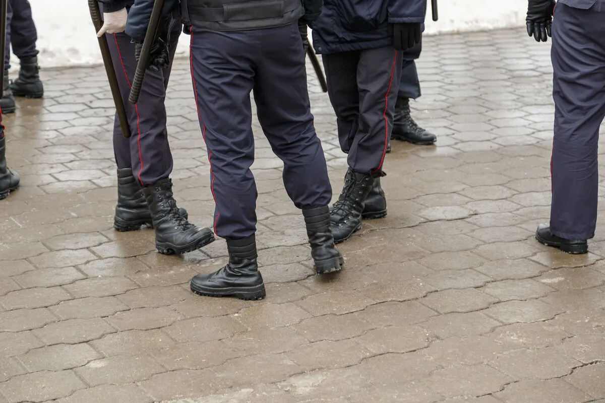 Russian,Police,Officers,Legs,In,Black,Ankle,Boots,,Red,Stripe