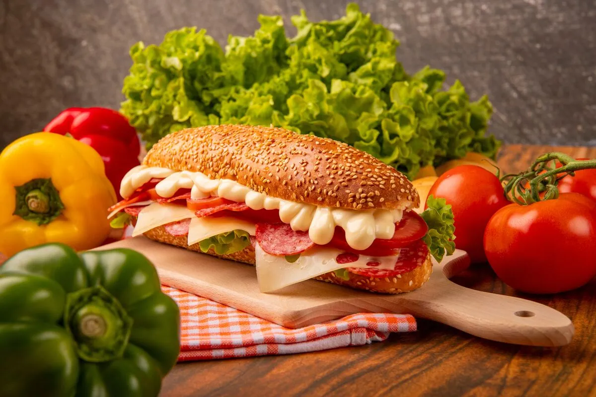 Sandwich,With,Sausage,,Cheese,,Mayonnaise,,Tomato,And,Lettuce,In,A