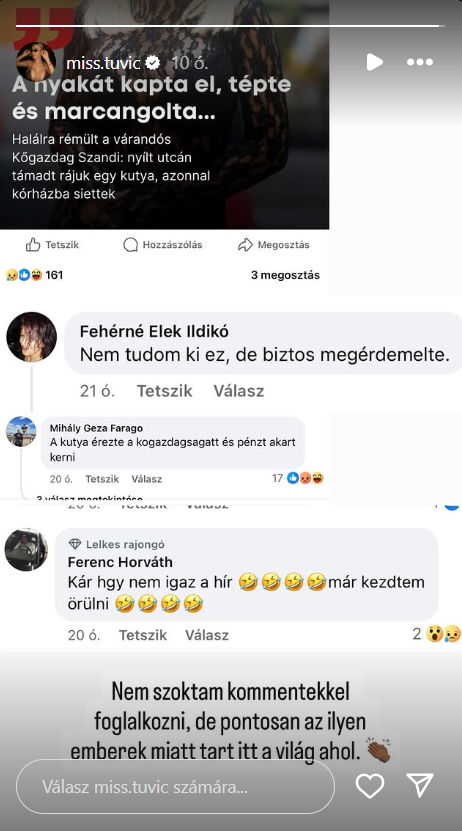 Gonosz hozzászólásokat kapott a közszereplő. Tuvic Aleksandra Instagram oldalán osztotta meg felháborító üzeneteket.