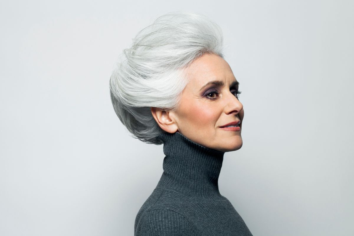 Te jó ég! Micsoda frizura! Grey haired woman in grey turtleneck sweater.