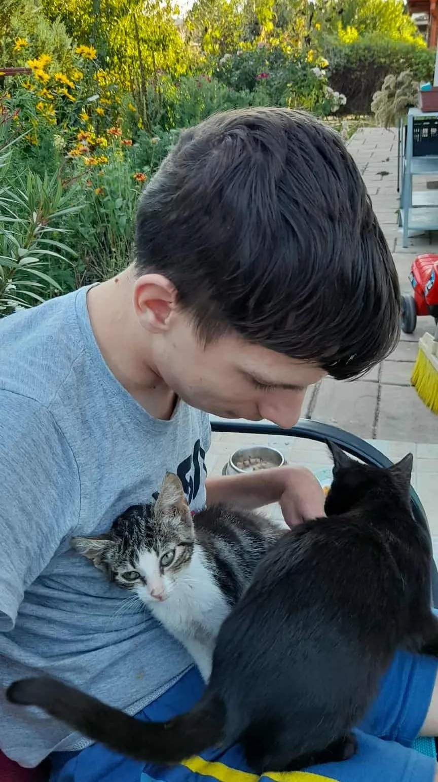 Gimpel Bálint szeret kint tartózkodni a szabadban, ücsörögni a kertben és a cicákkal játszani.