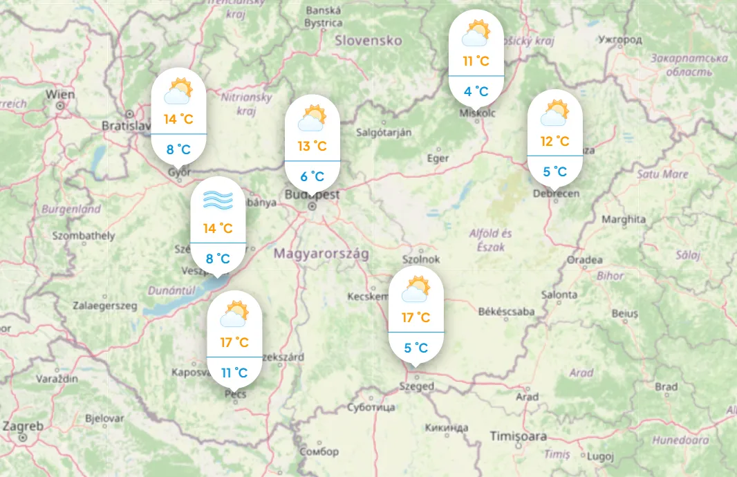 Időjárás: Mutatjuk a napi hőmérsékletet szombaton. Forrás: köpönyeg.hu
