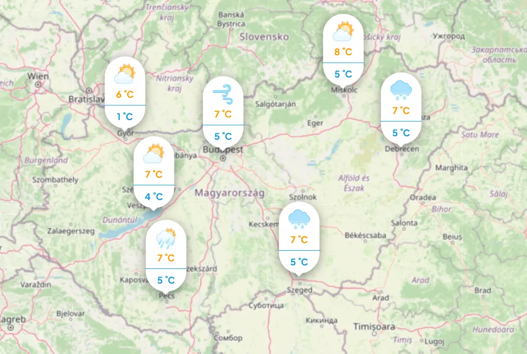 Időjárás: Mutatjuk a napi hőmérsékletet kedden. Forrás: köpönyeg.hu