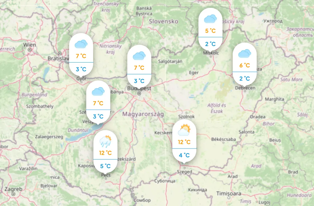 Időjárás: Mutatjuk a napi hőmérsékletet pénteken. Forrás: köpönyeg.hu