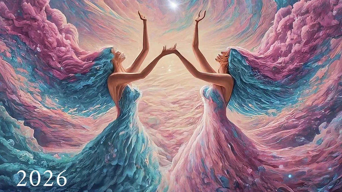 Ikrek csillagjegy Twin,Women,With,Happy,Expressions,,Reaching,Out,Their,Delicate,Hands