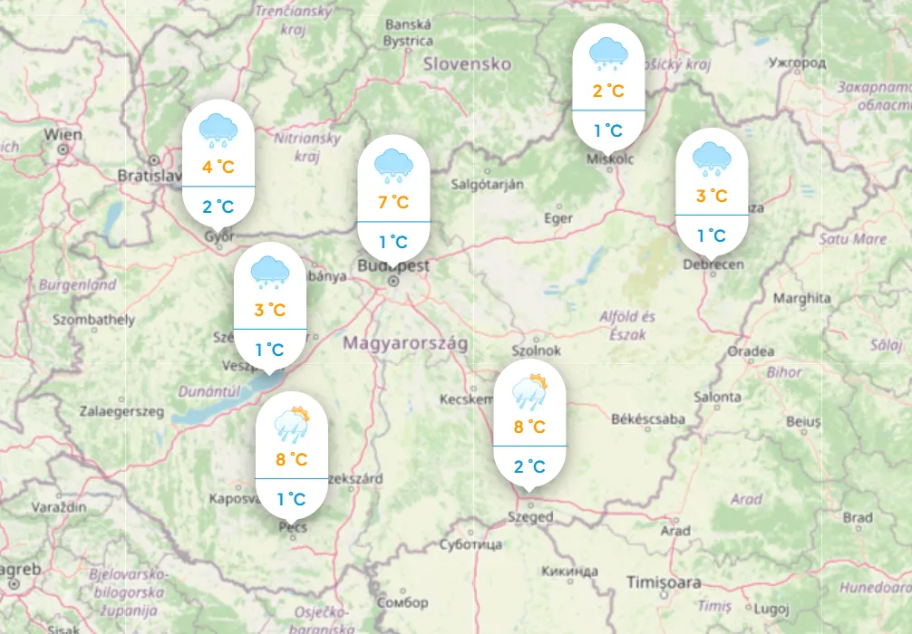 Időjárás: Mutatjuk a napi hőmérsékletet vasárnap. Forrás: köpönyeg.hu