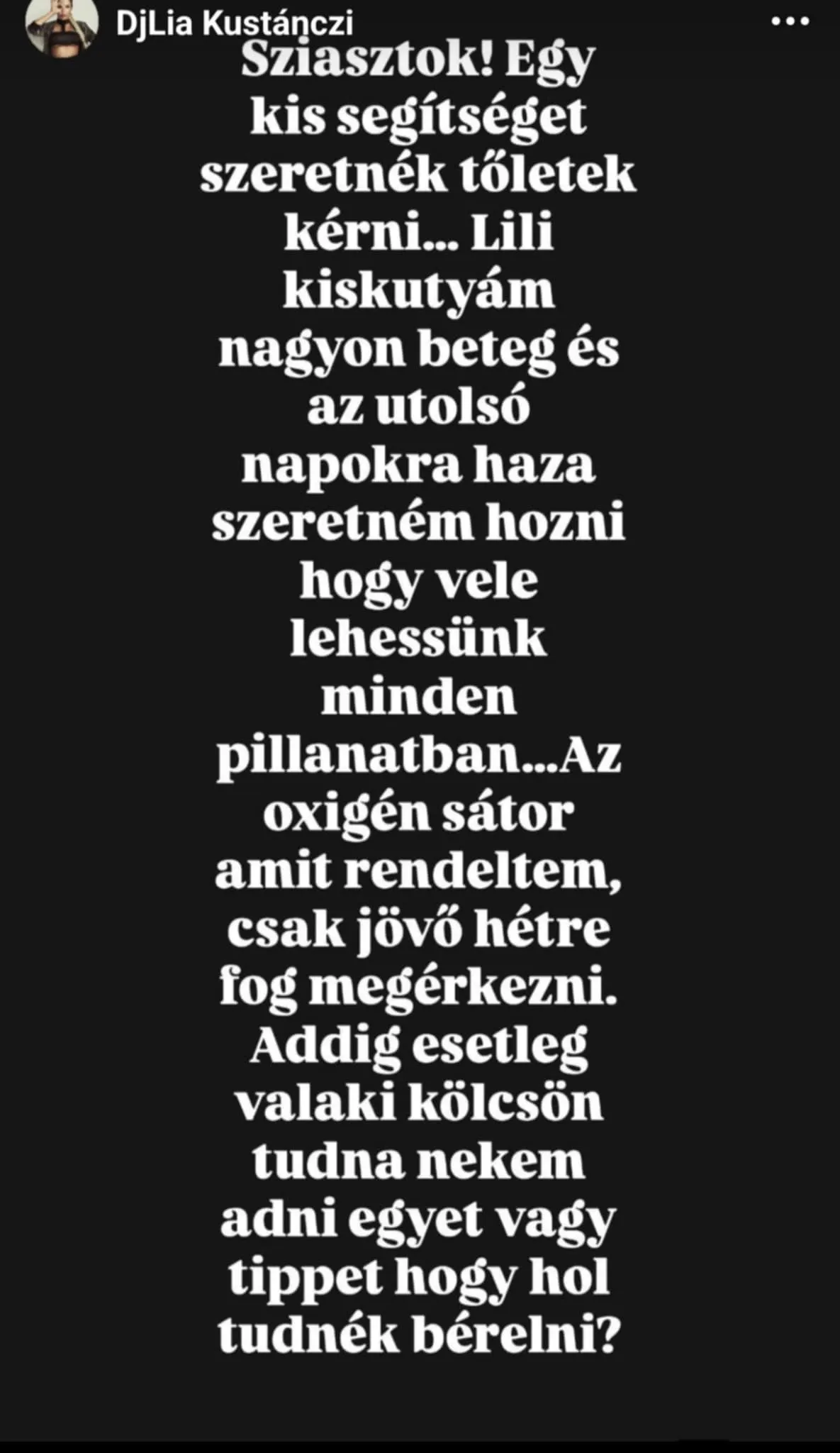 Kustánczi Lia a követőitől kért segítséget.