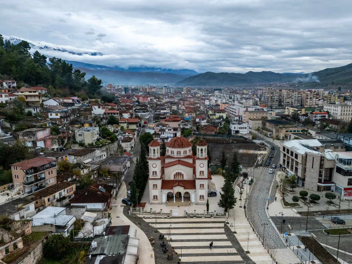 An,Aerial,View,Of,Berat,Cathedral,With,The,Cityscape,In