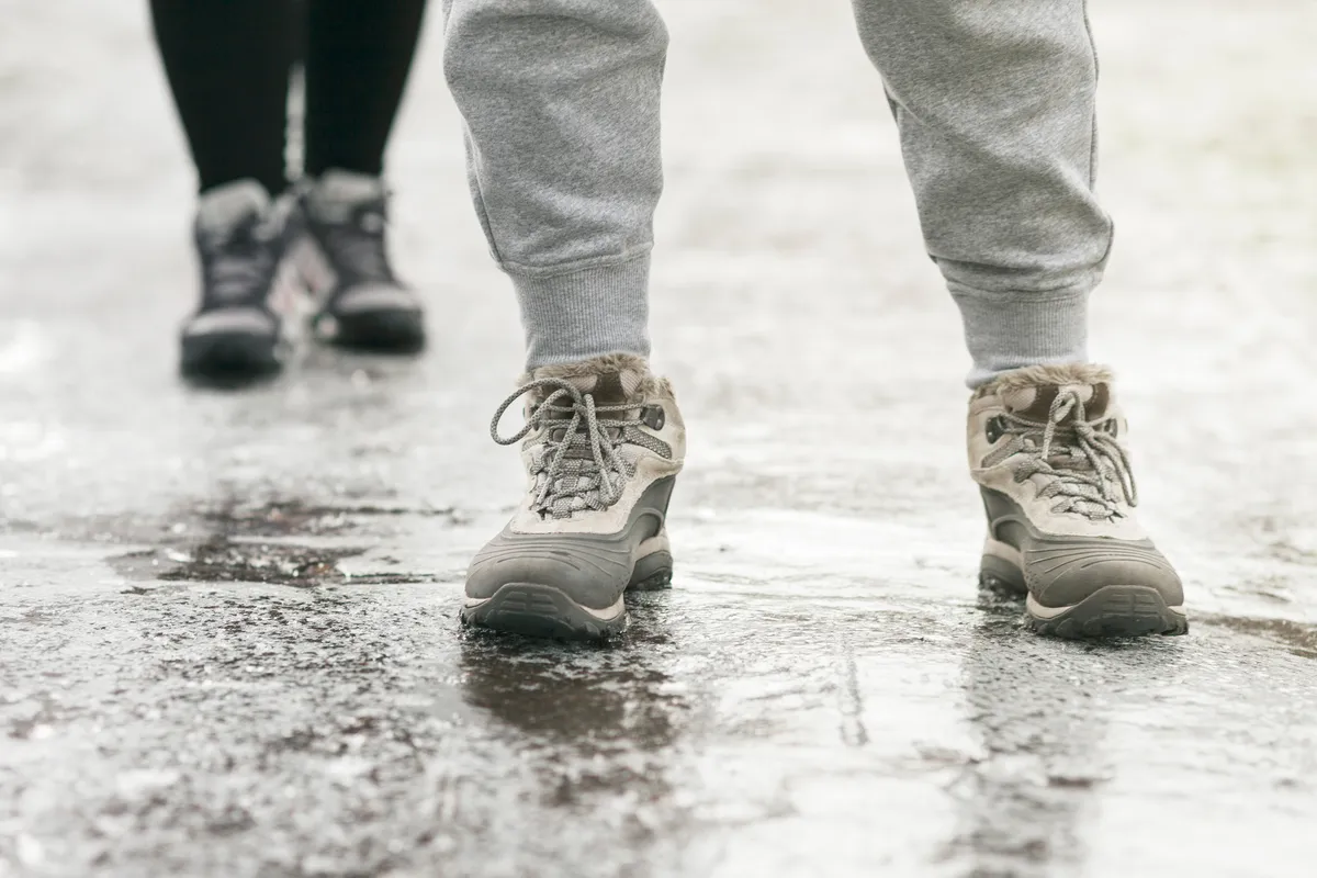 Pedestrians,Glide,Along,The,Icy,Sidewalk.,Winter,Ice,On,Footpaths.