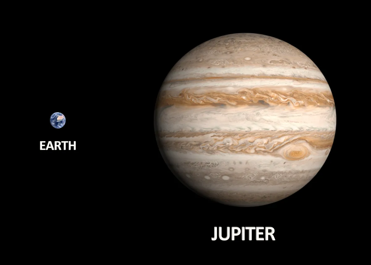 A,Comparison,Between,The,Planets,Earth,And,Jupiter,On,A