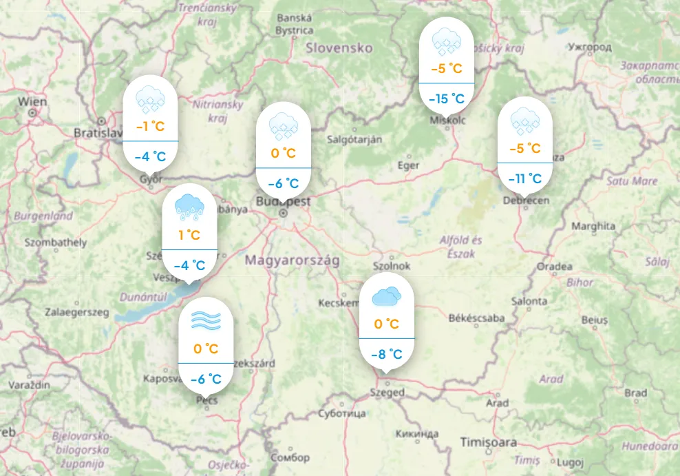 Időjárás: Mutatjuk a napi hőmérsékletet kedden. Forrás: Köpönyeg.hu