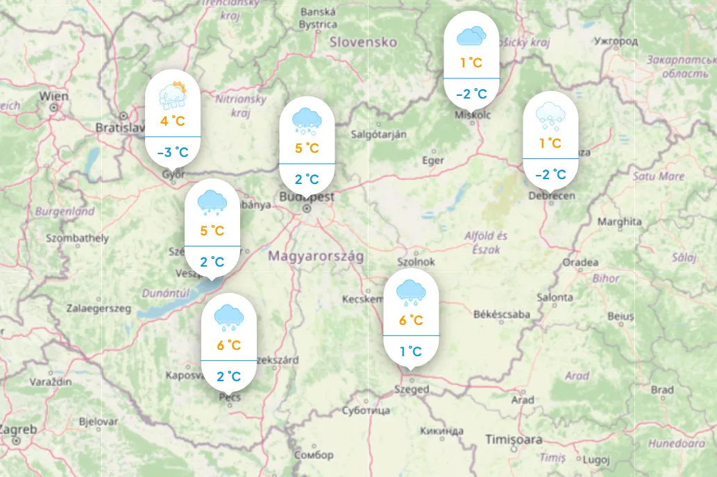 Időjárás: Mutatjuk a napi hőmérsékleteket pénteken. Forrás: Köpönyeg.hu